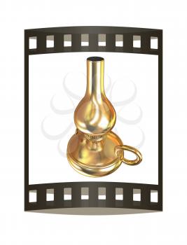 Old retro vintage golden kerosene lamp. 3d render. Film strip.