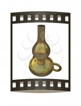 Old retro vintage golden kerosene lamp. 3d render. Film strip.