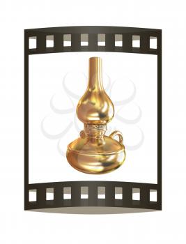 Old retro vintage golden kerosene lamp. 3d render. Film strip.