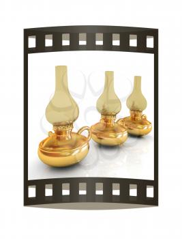 Old retro vintage golden kerosene lamp. 3d render. Film strip.