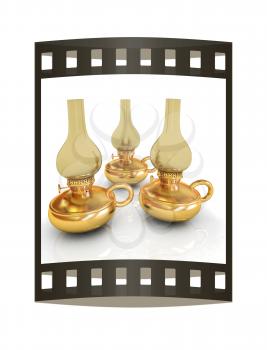 Old retro vintage golden kerosene lamp. 3d render. Film strip.