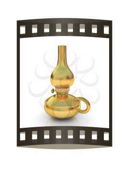 Old retro vintage golden kerosene lamp. 3d render. Film strip.