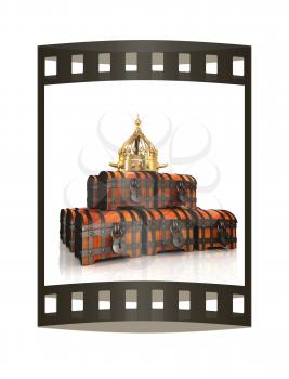 Crown and chest. 3d render. Film strip.