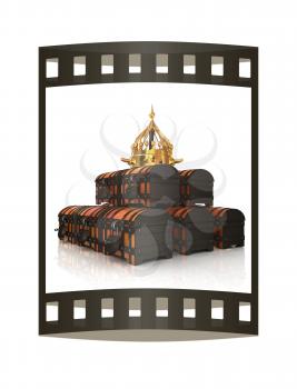 Crown and chest. 3d render. Film strip.