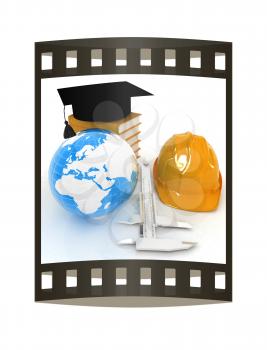 Hard hat, graduation hat on Earth, caliper and books. 3d render. Film strip.