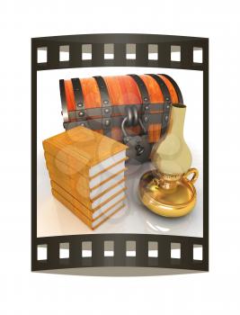 Chest, books and retro kerosene lamp. 3d render. Film strip.