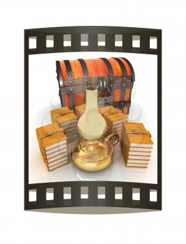 Chest and books with old retro kerosene lamp. 3d render. Film strip.