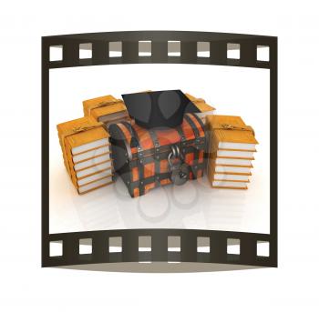 Graduation hat on chest and books around. 3d render. Film strip.