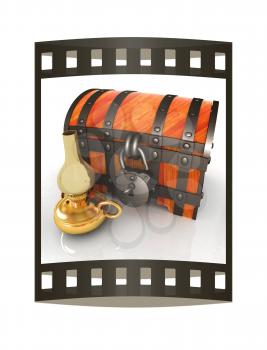 Retro kerosene lamp and old chest. 3d render. Film strip.