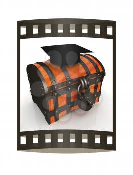 Chest and graduation hat. 3d render. Film strip.