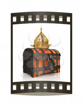 Crown and chest. 3d render. Film strip.