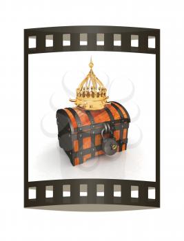 Crown and chest. 3d render. Film strip.