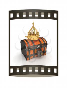 Crown and chest. 3d render. Film strip.