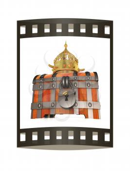 Crown and chest. 3d render. Film strip.