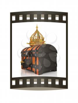 Crown and chest. 3d render. Film strip.