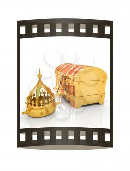 Crown and chest. 3d render. Film strip.