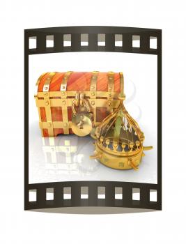 Crown and chest. 3d render. Film strip.