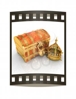 Crown and chest. 3d render. Film strip.