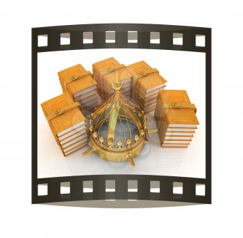 Gold crown and leather books. 3d render. Film strip.