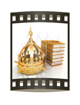 Gold crown and leather books. 3d render. Film strip.