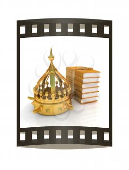 Gold crown and leather books. 3d render. Film strip.