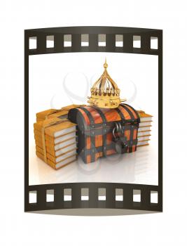 Gold crown on a chest and leather books around. 3d render. Film strip.