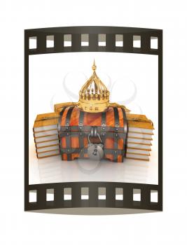 Gold crown on a chest and leather books around. 3d render. Film strip.