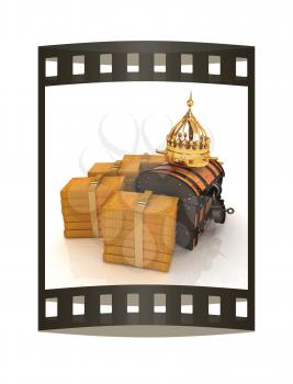 Gold crown on a chest and leather books around. 3d render. Film strip.