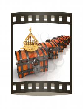 Crown and chest. 3d render. Film strip.