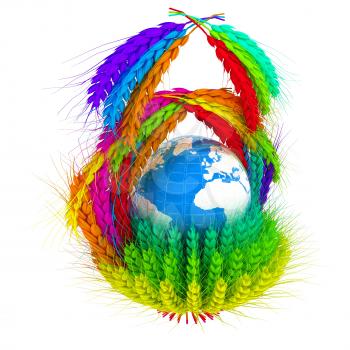 A colorful basket of wheat for Easter or Thanksgiving. Global concept with the earth ball inside. 3d render