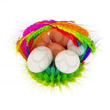 Colored basket of the ears of wheat with eggs. 3d render