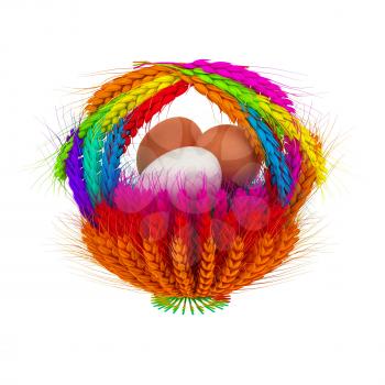 Colored basket of the ears of wheat with eggs. 3d render