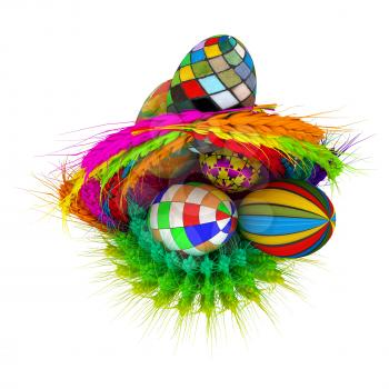 Colored basket of the ears of wheat with Easter eggs. 3d render