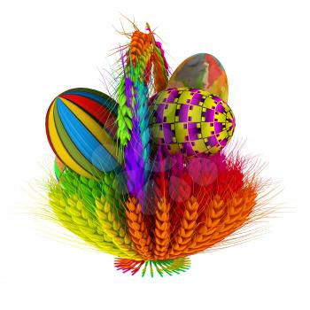 Colored basket of the ears of wheat with Easter eggs. 3d render