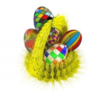 Colored basket of the ears of wheat with Easter eggs. 3d render