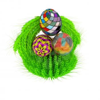 Colored basket of the ears of wheat with Easter eggs. 3d render