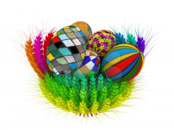 Colored basket of the ears of wheat with Easter eggs. 3d render