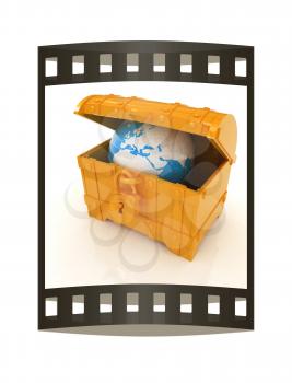 Earth in a chest. 3d illustration. Film strip.