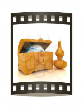 Earth in a chest and kerosene lamp. 3d illustration. Film strip.