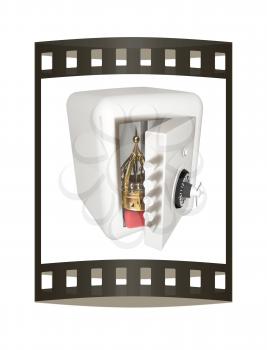 Safe and crown. Money saving concept. 3d render. Film strip.