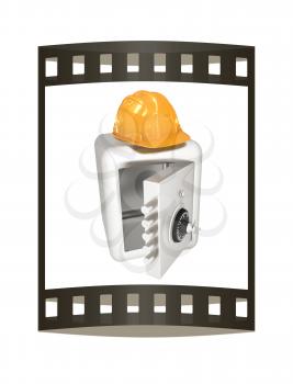 Safe and hard hat. Technology icon. 3d render. Film strip.