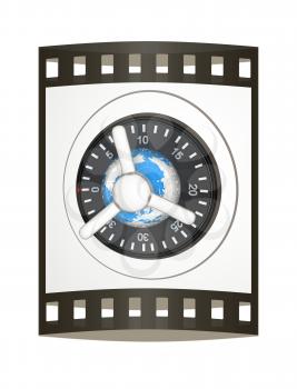 Earth and safe. Global bancing online concept of money saving. 3d render. Film strip.