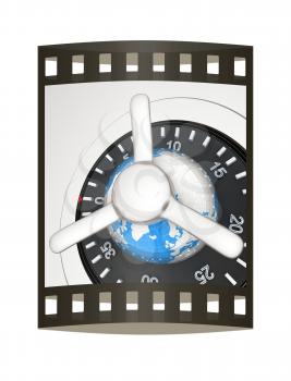 Earth and safe. Global bancing online concept of money saving. 3d render. Film strip.