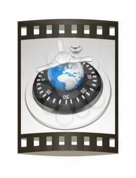 Earth and safe. Global bancing online concept of money saving. 3d render. Film strip.