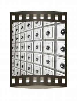Many safes. 3d render. Film strip.