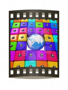 Earth and many safes. Global bancing online concept of money saving. 3d render. Film strip.