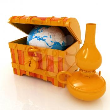 Earth in a chest and kerosene lamp. 3d illustration