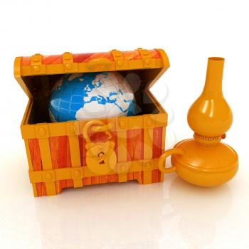 Earth in a chest and kerosene lamp. 3d illustration