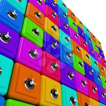 Many colorful safes. 3d render