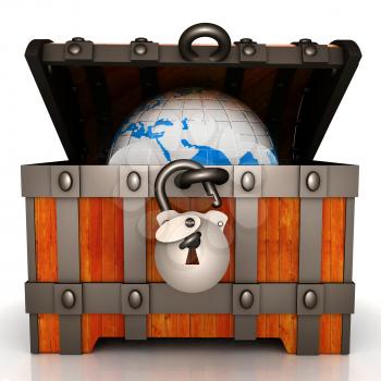 Earth in wood chest. Original global ecology concept of saved Earth. 3d illustration